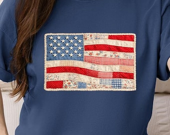 Comfort Colors Patriotic Faux Patchwork Tee, Floral American Flag T-shirt, USA Pride Shirt, Memorial Day Shirt