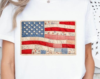 Patriotic Faux Patchwork Tee, Floral American Flag T-shirt, USA Pride Shirt, Memorial Day Shirt