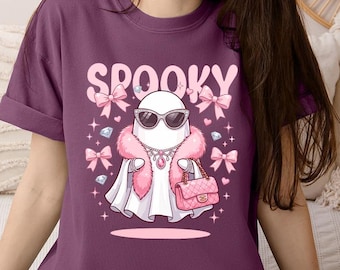 Comfort Colors Boujee Ghost Halloween Shirt, Glamorous Pink Fur Spooky T-shirt,Luxury Purse Ghost Graphic Tee, Chic Halloween Outfit
