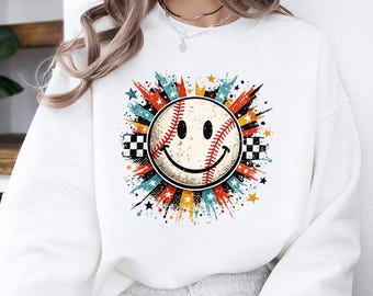 Baseball Smile Face Sweatshirt, Retro Sports Graphic Sweater, Checkerboard Baseball Pullover, Aesthetic Game Day Outfit