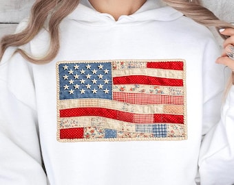 Patriotic Faux Patchwork Hoodie, Floral American Flag Hooded Top, USA Pride Outfit, Memorial Day Pullover