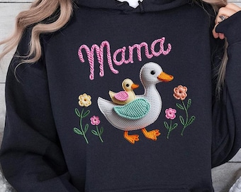 Faux Yarn Coquette Mama Duck Hoodie,Mama with Baby Duckling Hoodie,Faux Embroidered Effect Mother's Day Outfit, Cottagecore Aesthetic