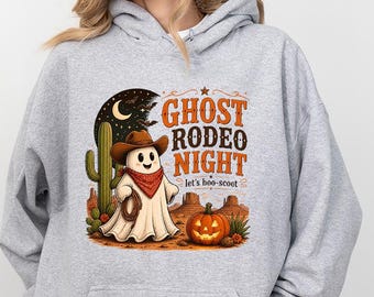 Ghost Rodeo Night Hoodie, Western Halloween Cowboy Ghost Hoodie, Let's Boo-Scoot Pullover, Spooky Country Cowgirl Graphic Top