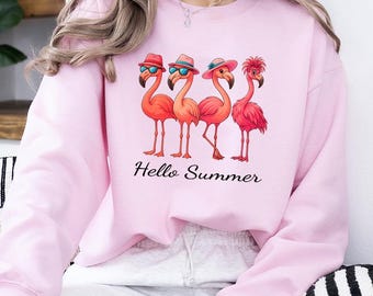 Flamingos Summer Sweatshirt, Beach Outfit, Hello Summer Vacation Sweater,Retro Tropical Graphic Pullover