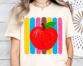 Preschool Teacher Apple Shirt, Kindergarten Crayon Sketch Tee, Pastel Drawing Apple Tee,Retro Colorful Stripes School T-Shirt,