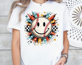 Baseball Smile Face T-shirt, Retro Sports Graphic Tee, Checkerboard Baseball Shirt, Aesthetic Game Day Outfit