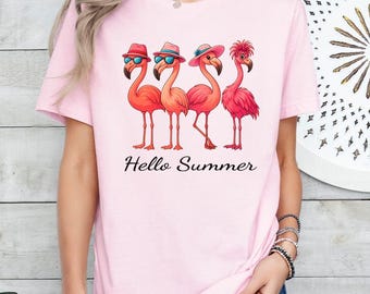Flamingos Summer Shirt, Beach Outfit, Hello Summer Vacation T-Shirt,Retro Tropical Graphic Tee