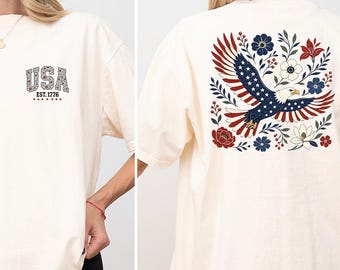 Comfort Colors American Eagle Folk Art T-shirt, Vintage Patriotic Floral Tee, Country Americana Summer Tee,4th of July  Shirt