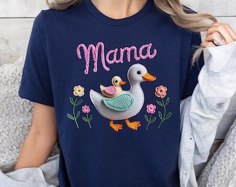 Faux Yarn Coquette Mama Duck Shirt,Mama with Baby Duckling Tee,Faux Embroidered Effect Mother's Day Gift, Cottagecore Aesthetic
