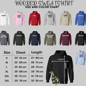 K&ouml;nnte beinhalten: Eine Farbkarte f&uuml;r Kapuzenpullover mit verschiedenen Farben wie Wei&szlig;, Rosa, Rot und Schwarz. Die Tabelle enth&auml;lt Gr&ouml;&szlig;enangaben f&uuml;r Brust und L&auml;nge, von S bis 3XL. Der Text "HOODED SWEATSHIRT" steht oben.