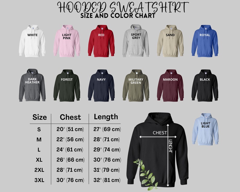 K&ouml;nnte beinhalten: Eine Farbkarte f&uuml;r Kapuzenpullover mit verschiedenen Farben wie Wei&szlig;, Rosa, Rot und Schwarz. Die Tabelle enth&auml;lt Gr&ouml;&szlig;enangaben f&uuml;r Brust und L&auml;nge, von S bis 3XL. Der Text "HOODED SWEATSHIRT" steht oben.