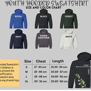 K&ouml;nnte beinhalten: Bild einer Gr&ouml;&szlig;entabelle und Farbtabelle f&uuml;r Kapuzenpullover f&uuml;r Jugendliche. Die Tabelle zeigt sechs Kapuzenpulloverfarben: K&ouml;nigsblau, Schwarz, Waldgr&uuml;n, Marine, Dunkelgrau und Wei&szlig;. Gr&ouml;&szlig;entabelle mit Ma&szlig;en in cm und Zoll.