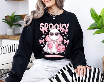 Boujee Ghost Halloween Sweatshirt, Glamorous Pink Fur Spooky Sweater, Luxury Purse Ghost Graphic Pullover, Chic Fashion Halloween Outfit