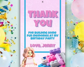 Etiqueta de agradecimiento de cumpleaños con bloques de construcción, etiqueta de agradecimiento de cumpleaños para niños con bloques de construcción, plantilla editable imprimible, cumpleaños de niña