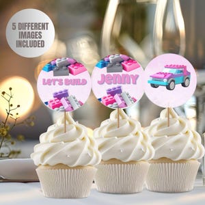 Building Blocks Birthday Cupcake Topper, Building Bricks Kids Birthday Party Cupcake Topper, Printable Editable Template, Girl Birthday