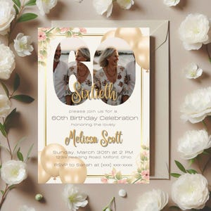 60th birthday invitation with picture, 60Th Birthday Photo, 60Th Birthday Invite, Vintage Photo Invite, Invitation For Women, Digital Invite