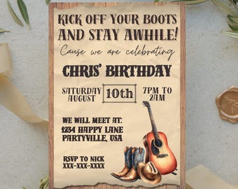 Cowboy Birthday Invitation Adult, Country Music Birthday Invitation, Country Birthday Invitation, Cowboy Invitation, Rustic Invitation