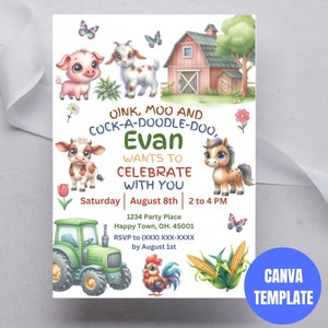 Farm Animal Birthday Invitation, Barnyard Birthday Invitation, Farm Invitation,  Farm Animals Party, Instant Download, Farm Invite Template