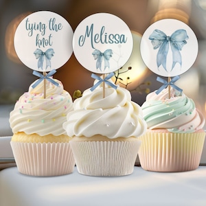 Shes Tying the Knot Bridal Shower Cupcake Topper, Bridal Shower Cupcake Topper, Watercolor Bow Blue, Printable Cupcake Toppers