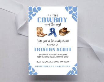 EDITABLE Blue A Little Cowboy Is On The Way Baby Shower Invitation,  baby cowgirl Invitation, Watercolor Blue western, Blue Color Decor