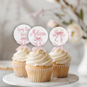 Shes Tying the Knot Bridal Shower Cupcake Topper, Bridal Shower Cupcake Topper, Watercolor Bow Blush Pink, Printable Cupcake Toppers
