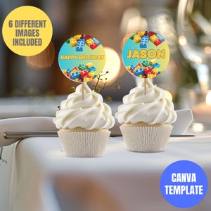 Building Blocks Birthday Cupcake Topper, Building Bricks Kids Birthday Party Cupcake Topper, Printable Editable Canva Template