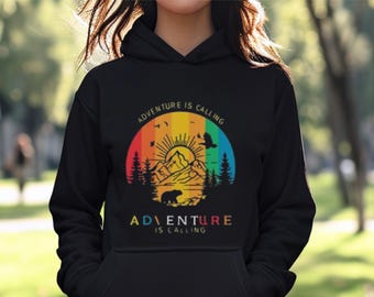 Adventure Is Calling Graphic Hoodie, Nature Lover Outdoor Apparel, Unisex Cotton Blend
