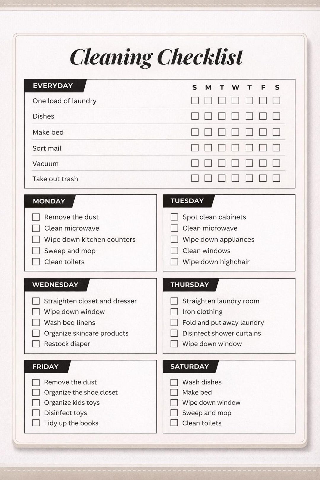 Editable Cleaning Checklist Planner, Home Schedule Tracker (digital ...