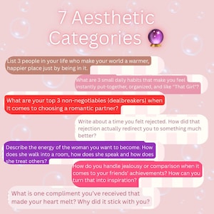 Pu&ograve; includere: Una grafica digitale con sfondo rosa chiaro, bolle bianche e il testo 7 Aesthetic Categories con un'emoji di sfera di cristallo. Contiene sette caselle di testo arrotondate in varie tonalit&agrave; di marrone, rosa, rosso e viola con vari quesiti.