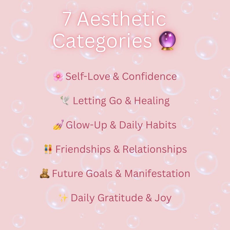 Pu&ograve; includere: Un grafico rosa chiaro con testo bianco che recita 7 Aesthetic Categories e un'icona di una sfera di cristallo viola. L'elenco include Self-Love & Confidence, Letting Go & Healing, Glow-Up & Daily Habits, Friendships & Relationships, Future Goals & Manifestation e Daily Gratitude & Joy, il tutto accentuato da piccole emoji.