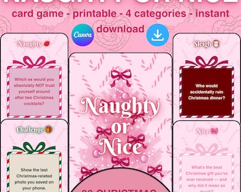 Può includere: Un gioco di carte natalizio stampabile Naughty or Nice con 80 carte e quattro categorie. Il design rosa include testo, grafiche di pacchi regalo e un'illustrazione centrale di un albero di Natale con varie domande festive.