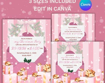 Può includere: Modelli di invito natalizio modificabili in tre dimensioni con sfondo a righe rosa, busta bianca con ghirlanda di pino e regali dorati. Il testo include "EDITABLE CHRISTMAS INVITATION" e "EDIT IN CANVA".