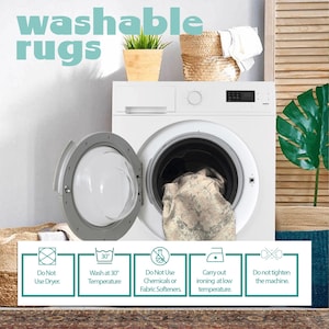 May include: A white washing machine with a rug inside. The washing machine has a clear door and a digital display. The rug is beige with a brown pattern. The image includes instructions for washing the rug: Do Not Use Dryer, Wash at 30&deg; Temperature, Do Not Use Chemicals or Fabric Softeners, Carry out ironing at low temperature, Do not tighten the machine.