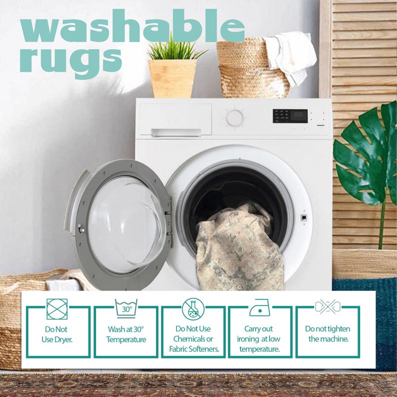 May include: A white washing machine with a rug inside. The washing machine has a clear door and a digital display. The rug is beige with a brown pattern. The image includes instructions for washing the rug: Do Not Use Dryer, Wash at 30&deg; Temperature, Do Not Use Chemicals or Fabric Softeners, Carry out ironing at low temperature, Do not tighten the machine.