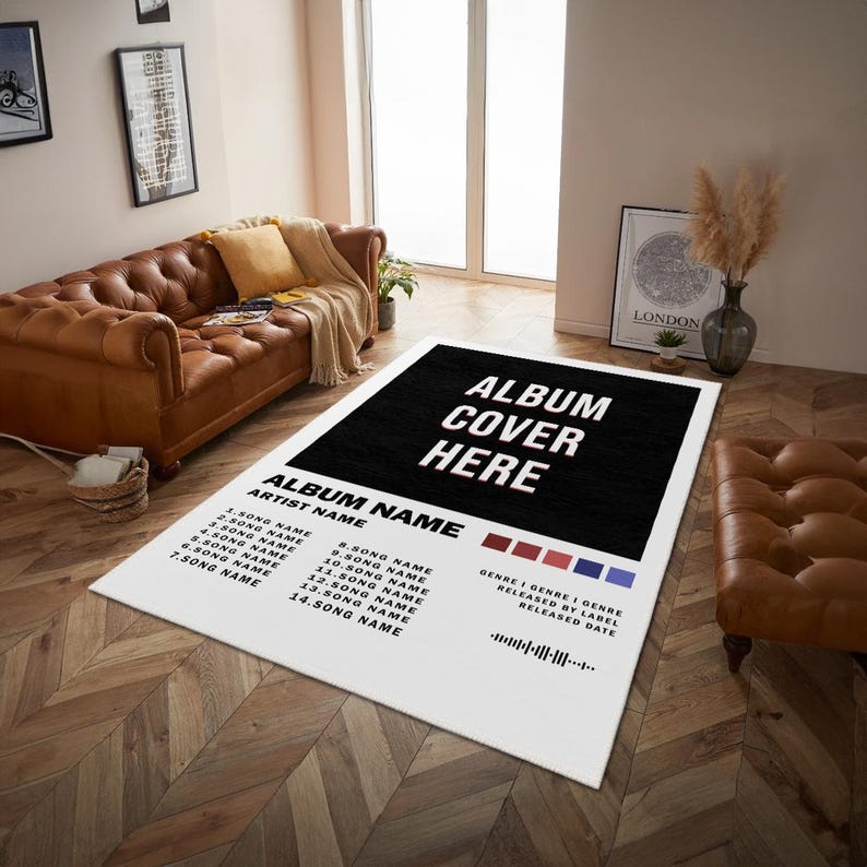 May include: White and black rug with a black rectangle in the center that says "Album Cover Here". The rectangle is surrounded by a white border with the text "Album Name" and "Artist Name" at the top. Below the rectangle is a list of song titles and information about the album, including genre, released by label, and released date.