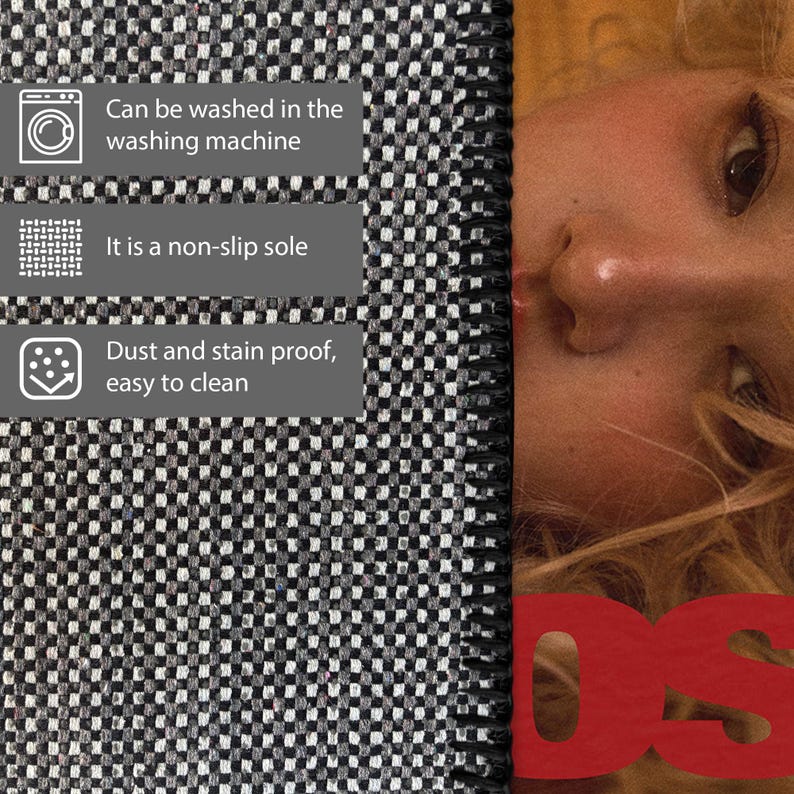 May include: Close-up of a black and white checkered textile with text indicating it can be machine washed, has a non-slip sole, and is dust and stain proof. The image also shows a person's face and the letters "DS" in red.