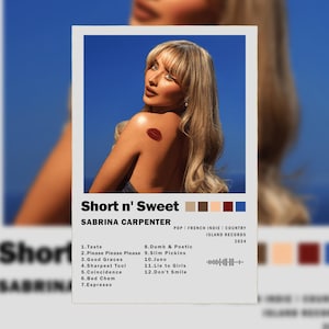 May include: A pink and white album cover with the title "Short n' Sweet" by Sabrina Carpenter. The album cover features a woman with blonde hair and a red lip print on her shoulder. The album cover also includes a list of songs on the album.