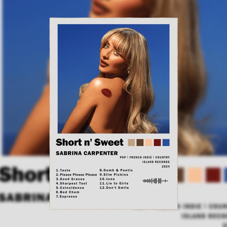 May include: A pink and white album cover with the title "Short n' Sweet" by Sabrina Carpenter. The album cover features a woman with blonde hair and a red lip print on her shoulder. The album cover also includes a list of songs on the album.