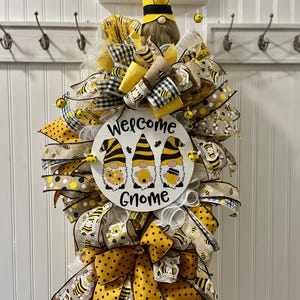 Welcome Gnome Bee Wreath | Gnome Summer Swag | Gnome Fall Wreath | Summer Door Decor | Fall Door Decor | Bee Wreath | Swag Mesh Wreath