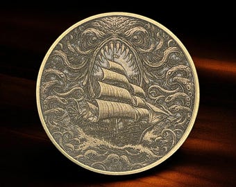 Puede incluir: Una moneda redonda de estilo antiguo con un grabado detallado de un barco de vela luchando contra un monstruo marino. La moneda presenta un barco con velas ondeantes, rodeado de olas y tentáculos, y la boca abierta de un monstruo.