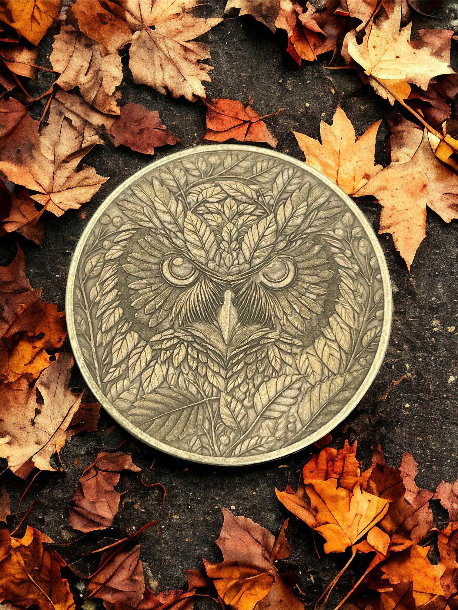 Nature's Wisdom: Brass Coin with Intricate Owl Engraving