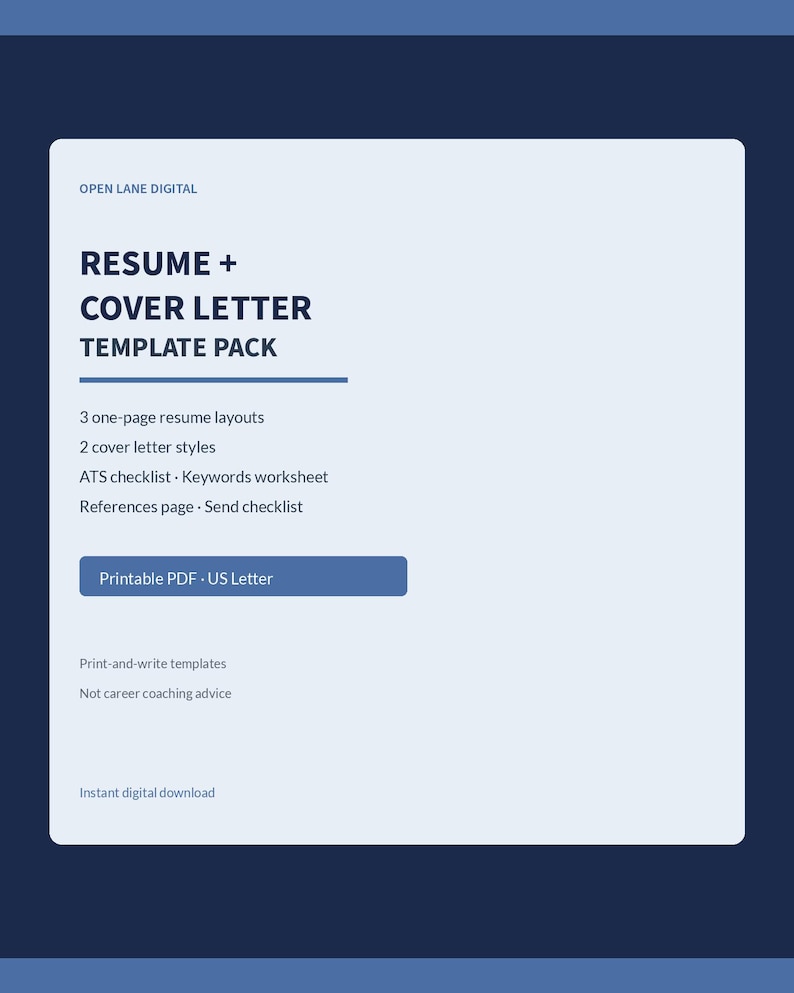 Resume Cover Letter Template Pack, ATS Checklist Keywords Worksheet ...