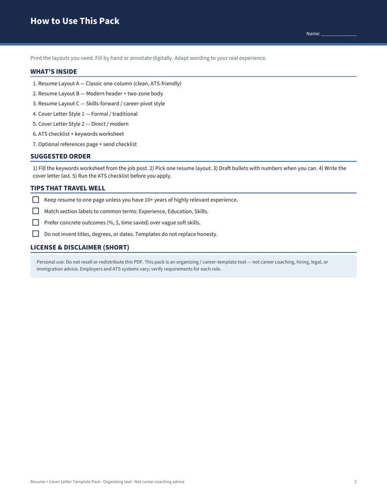 Resume Cover Letter Template Pack, ATS Checklist Keywords Worksheet ...