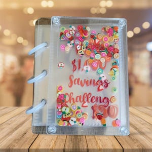 May include: A clear plastic binder with a white background and a colorful fruit design. The binder has a title that reads "$1,000 Savings Challenge".
