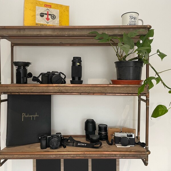 Rustic Wooden Copper Shelving Unit