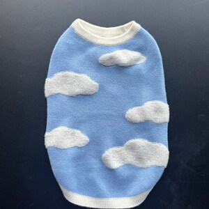 May include: A light blue knitted sweater with white fluffy clouds embroidered on it. The sweater has a white ribbed collar and cuffs.