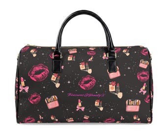 Pink Lipstick Kiss Pattern Faux Leather Travel Bag | Makeup Cosmetic Print