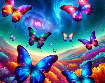 Puede incluir: Una ilustración colorida de mariposas con alas vibrantes sobre un fondo de galaxia giratorio. Las mariposas son de varios tonos de azul, rosa, morado y naranja. El fondo es una mezcla de azul, morado y rosa con un efecto de galaxia giratorio.