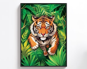 Leaping Tiger Jungle Kunstdruck - Lebendige Wildtier Illustration (Digitaler Download)