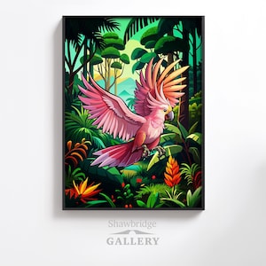 Vibrant Pink Cockatoo Tropical Jungle Digital Wall Art | Downloadable Maximalist Bird Print | Colorful Rainforest Nature Illustration